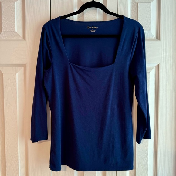 Never worn LILLY PULITZER NELL TOP LARGE Square Neck TRUE NAVY Soft Pima Cotton - Picture 2 of 6